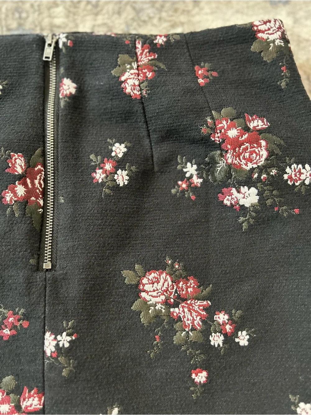 LOFT Floral Mini Skirt - Black with Burgundy & White Roses